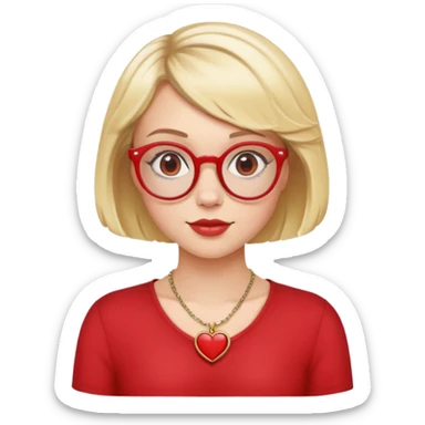 white girl head with short blonde bob hair slightly curled, red round glasses, heart necklace sticker