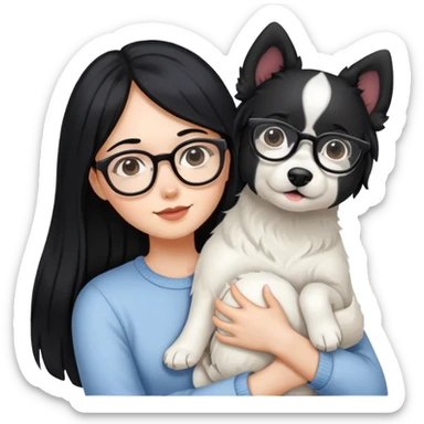 A girl with long black hair and glasses holding a white dog sticker