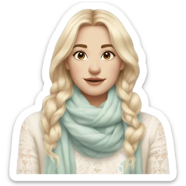 pretty blonde white woman with vanilla girl vibes, wearing a white lace shirt with a soft pastel borwn winter scarf and her hair is decorated with soft pastel sweet vibes ribbon sticker