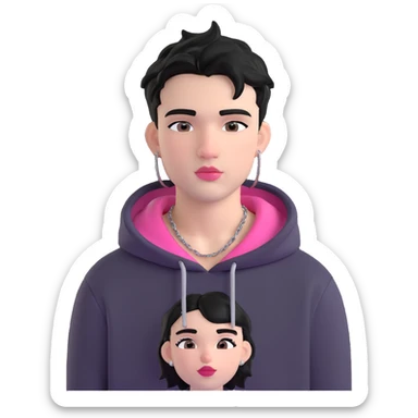 AI emoji character of a young man with short tousled black hair, fair skin, pink lips, nose piercing, eyebrow piercing, silver earrings, thin chain necklace, wearing hoodie and graphic t-shirt, neutral confident look, soft cartoonish yet realistic style emphasizing facial details and accessories sticker