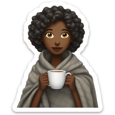 a black girl with curly hair wrapped in a blanket with a cup of tea sticker