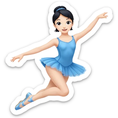 A lively black hair ballerina in a blue outfit, jumping mid-air with a bright smile. sticker