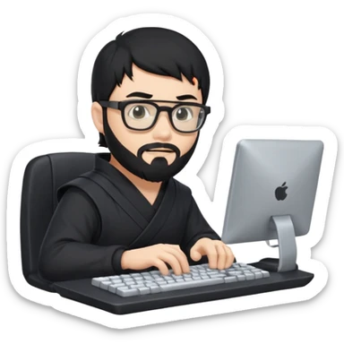 Man with black hair and beard wearing glasses in a ninja costume typing on a computer keyboard sticker