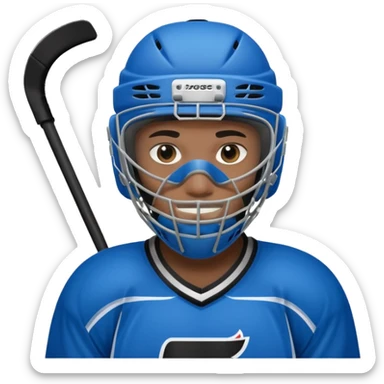 Black ice hockey player who have  a goalkeeper mask sticker