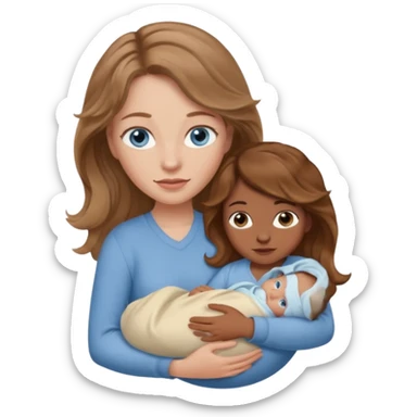 Caucasian Woman with blue eyes and light brown wavy hair carrying brown skinned newborn sticker