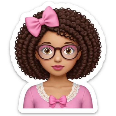 medium-light kinned afro-latina girl with medium length chocolate brown side part curly hair, small pink bow , with brown glasses, brown eyes, pink and white sweetheart necklined top with lace, round wide-ish nose, ob-long face sticker