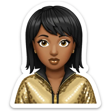 Missy Elliott with black hair, black sequin jumpsuit sticker