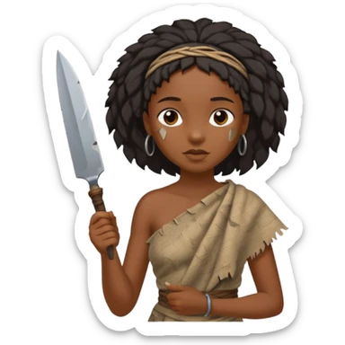 ancient black girl, tattered leaf cloth, hold broken stone knife sticker