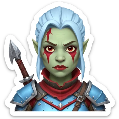 Fantasy Christmas orc legion soldier icon, iron tundra army theme, heavy winter armor, disciplined brutal look, cold steel armor cracked with frozen crimson lines, bloodfrost effect, icy blue and dark red color palette, minimal clean emoji style, female variant sticker
