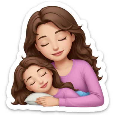 girl with wavy long brown hair, brown eyes, light to medium complexion, long lashes, light pink lipstick, smiling, wearing light pink shirt, sleeping sticker