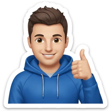 Brian Chesky as an apple-style emoji, smiling, giving a thumbs up, wearing blue hoodie sticker