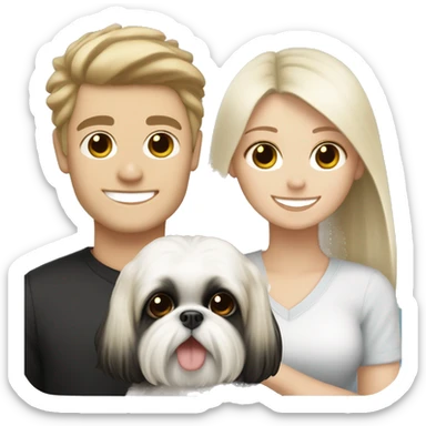 White blonde long-haired girl and white brunette boy carrying happy black Shih Tzu sticker