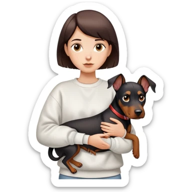 A short-haired girl in a white sweatshirt is holding a big Doberman dog sticker