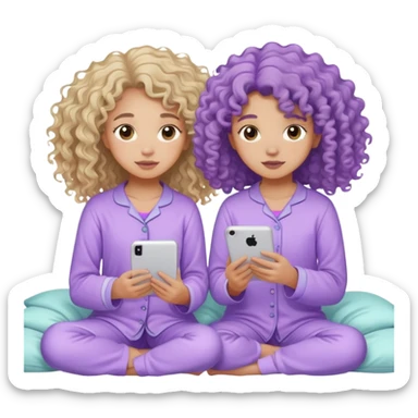 extrovert light skin, girl and wavy hair playing with introvert, curly hair, not light skin, they both  15 years old and they both wearing pastel purple pajamas sticker