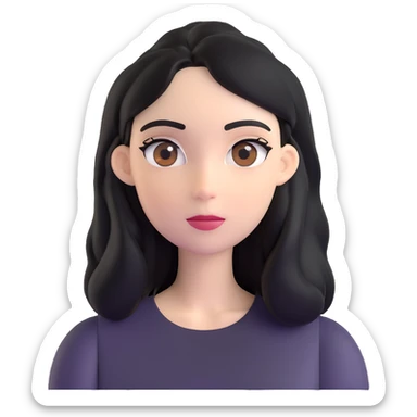 white woman with rounded brown eyes, long black hair, black blouse, looking to the side sticker