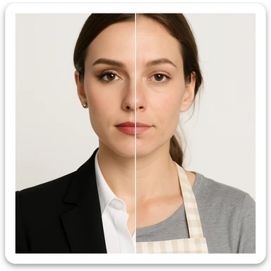 hyper realistic split-image of a woman, one half of her face with professional makeup and business office attire, the other half natural and makeup-free, wearing a kitchen apron like a homemaker, symmetrical composition, white background, clear contrast between the two roles sticker