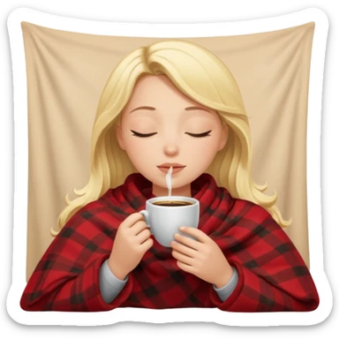 Blonde girl inside a blanket sipping coffee eyes closed sticker