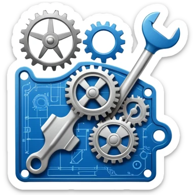 An icon featuring a wrench, gears, and a blueprint, symbolizing engineering. The design includes a circuit board, a hammer, and a compass, representing the creation and innovation of machines, structures, and technology. Transparent background sticker