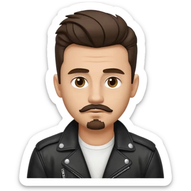 generate emoji style guy with slick James dean hair with front tendrils, mustache and goatee facial hair, wearing a white shirt and a black leather jacket , several silver piercings in ear, with dark brown hair and make eyes more almond shaped inspired by the image I shared sticker