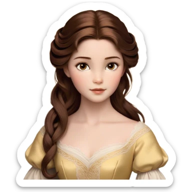 Cinematic Realistic Belle Portrait, depicted with lifelike skin texture, soft natural lighting, and intricately detailed brown hair styled elegantly. Her deep, expressive eyes exude warmth and intelligence, complemented by a serene and graceful expression. She is dressed in her classic attire, with rich fabric textures and delicate folds that catch the light beautifully. The portrait features a soft, enchanting glow with a natural, radiant finish, capturing the essence of timeless beauty in a realistic and painterly style, evoking a sense of depth and authenticity. sticker