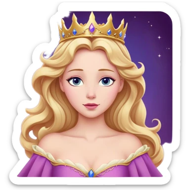 Cinematic Realistic Sleeping Beauty (Aurora) Portrait, with porcelain-like skin featuring a natural rosy flush, illuminated by soft lighting that highlights the gentle contours of her face. Her golden blonde hair flows in soft, detailed waves with subtle highlights that shimmer in the light. Her deep violet-blue eyes radiate warmth and innocence, framed by arched brows and long lashes. Her serene expression exudes quiet elegance. She is dressed in her classic pink gown, the fabric rich in texture with delicate folds that catch the light. A golden crown rests atop her head, gleaming with royal refinement. The portrait captures a soft, glowing aura, blending realism with an ethereal sense of beauty and timeless enchantment. sticker