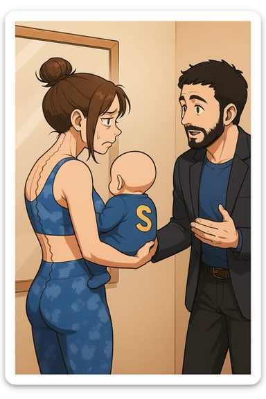 ispirati a questo stile di disegno e fai questa immagine in versione manga/webtoon a colori, il manga mostra la donna che si guarda alla specchio preoccupata di profilo con la postura sbagliata e incurvata, spalle chiuse e curve in avanti, con un neonato in braccio con una tutina azzurra e la scritta "S" sulla schiena, spina dorsale storta della donna in evidenza mentre al suo fianco anche l'uomo guarda la donna riflessa nello specchio e le spiega una cosa, ma non fare i fumetti, fai come se stessero parlando sticker