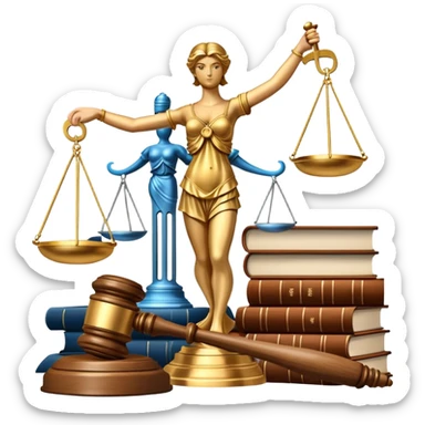 An icon featuring a gavel, scales of justice, and legal books, symbolizing law. The design includes a courthouse building in the background, representing the legal system and justice. Transparent background highlights the authority and structure of the law. sticker