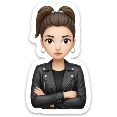 สีตาสีเทาอ่อน มีประกายคม
คิ้วได้รูป มองแล้วดูสตรอง
ผมหางม้าสูง
ลุคสตรีทแฟชั่น
ท่าโพสกอดอก
ฟีล: Girl Boss, cool beauty, minimal but powerful sticker