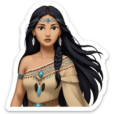 Cinematic Realistic Pocahontas Portrait, depicted with lifelike skin texture, soft natural lighting, and intricately detailed long, flowing raven-black hair that moves gracefully in the wind. Her deep, soulful dark brown eyes exude wisdom and strength, complemented by a serene yet powerful expression. She is dressed in her classic one-shoulder native american dress, with rich fabric textures and delicate beaded details that catch the light beautifully. The portrait features a soft, sun-kissed glow with a natural, radiant finish, capturing the essence of untamed beauty and deep connection to nature in a realistic and painterly style, evoking a sense of depth and authenticity. sticker