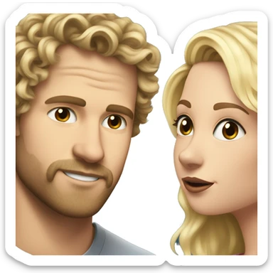 White man with scruff with brunette curly wavy hair kissing white pretty blonde girl with blonde layered hair sticker