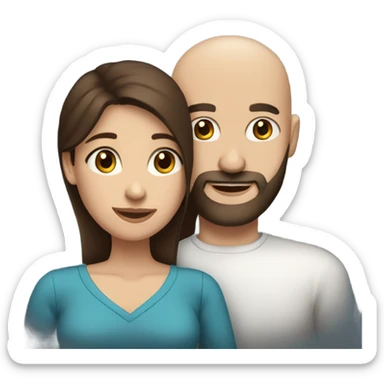 dark brown haired woman with blue eyes hugging bald man with beard sticker