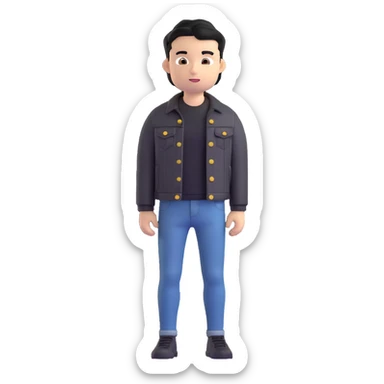 3D emoji Microsoft style, young man with black hair, wearing black t-shirt and black denim jacket, photo reference, neutral facial expression sticker