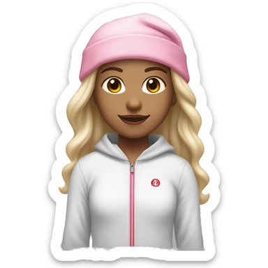 white raced, blonde hair with middle part, girl, long sleeve white lululemon shirt,  grey sweat pants, and a pink santa hat sticker