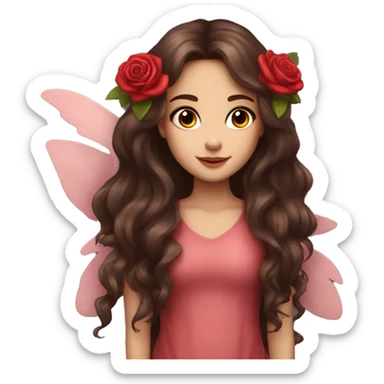Beautiful, rose, fairy, red, flowers in hair, long dark brown hair, big wings, fair skin sticker