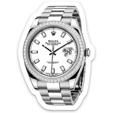 Crie um emoji com essas especificações: Um Rolex Datejust "Iced Out" prateado, totalmente coberto por diamantes na caixa, luneta e pulseira Jubilee. O mostrador possui fundo cravejado com diamantes (pavé), algarismos romanos pretos e lente de aumento na data. sticker
