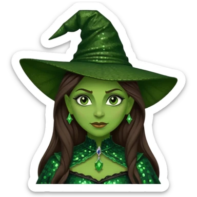 Elphaba, Wicked Witch of the West from The Wizard of Oz with long brown hair, dark green sequin outfit, green skin sticker