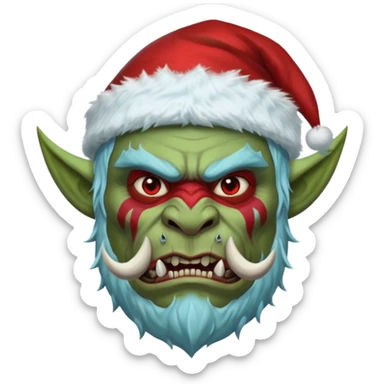 Fantasy orc portrait emoji, Santa Claus hat adapted for orc head with tusks, icy blue and deep red frost war paint on face, brutal winter warrior mood, strong facial features, minimal tribal design, clean high readability emoji style, male/female variant
 sticker
