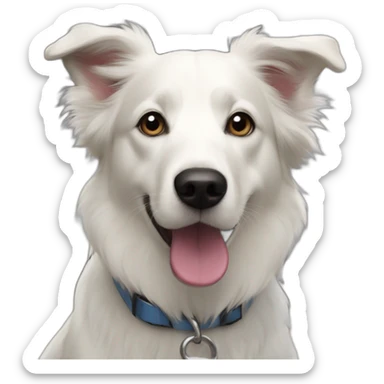 white and black dog with dark eyes happy  short hair mixed breed as border collie 2 years old with sticker