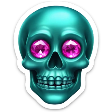 Realistic isolated metallic dark turquoise skull with shiny sparkly magenta pink diamond eyes. sticker