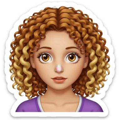 A woman with brown curly hair and blonde highlights side parted with hazel eyes with central heterochromia and a multicoloured nose ring sticker