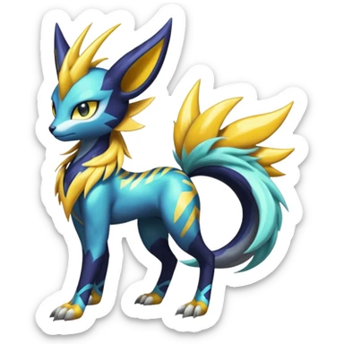 Shiny colorful exotic Feral Scaly Striking Slaying Badass Evil Handsome Lightning-patterned Zig-zagged buzzy fuzzy Meloetta-Renamon-Luxray-Cobalion-Suicune-Vernid-fusion-hybrid-creature, full body  sticker