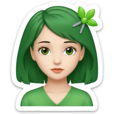 brunette girl with green color hairclip sticker