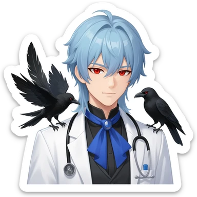 Il Dottore from Genshin Impact; Alchemist handsome anime man with light-blue beautiful hair, handsome sexy, long hair tendril bangs down on the sides, white lab coat, blue cravat, black feathers on shoulder, raven companion, black gloves, red eyes sticker