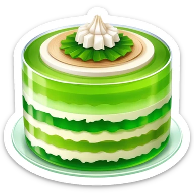 Coconut Pandan Jelly Cinematic Realistic Coconut Pandan Jelly Dessert Emoji, depicted as a layered jelly with distinct strata of coconut and pandan flavors, rendered with delicate textures and vibrant, tropical lighting. sticker