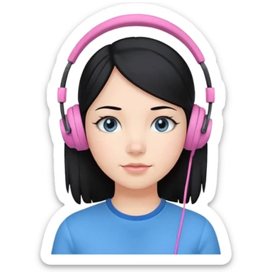 girl with black  hair, blue shirt and pink headset sticker