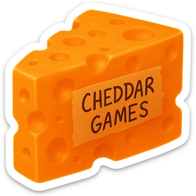 Add an orange glow coming off the cheese block. Keep everything else the same, including the 'CHEDDAR GAMES' tape. The style should remain consistent with the original image, which has no background. sticker
