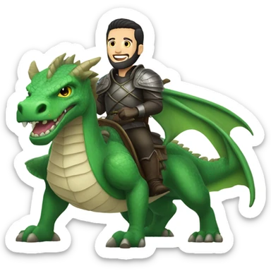 Determined armored White Man with dark brown pompadour hair and a short beard riding on the back of a giant green dragon sticker