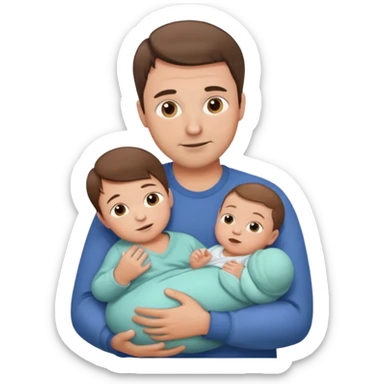 dad with short brown hair and fair skin with newborn baby holding sticker
