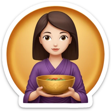 A woman  holds a Buddhist bowl in her hands. There is a glow around the girl. sticker