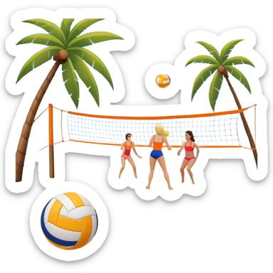 A volleyball resting on the orange sand of a beach, with a volleyball net in the background. The scene includes a beautiful beach landscape with blue sea, sky, and palm trees, while a couple of women in swimsuits play in the distance, capturing the relaxed yet competitive vibe of beach volleyball. sticker